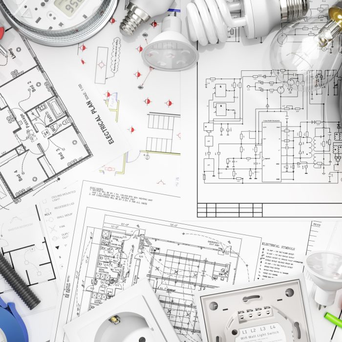 Electrical components on a blueprint background. 3d illustration